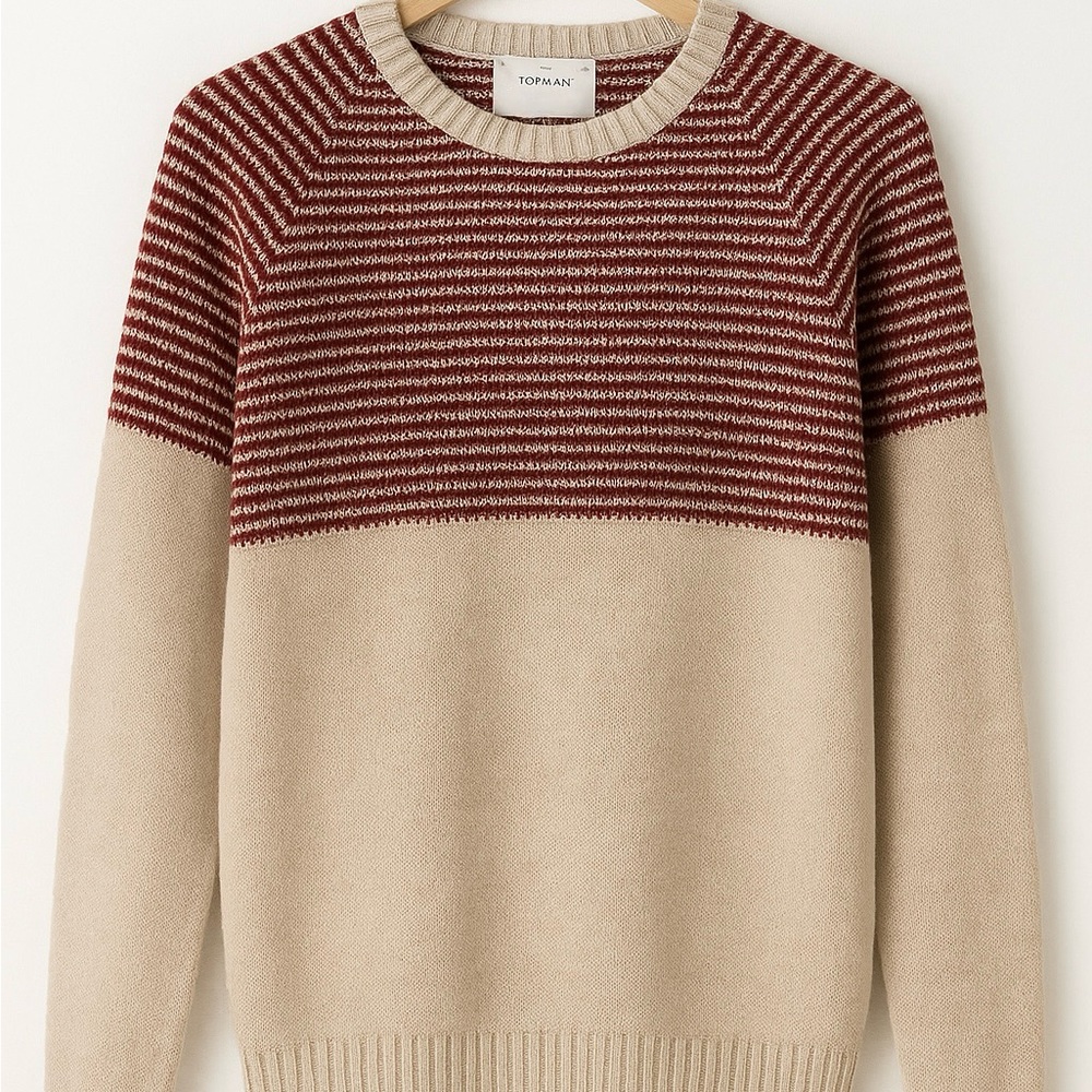Topman Burgundy and Beige Striped Crewneck Sweater